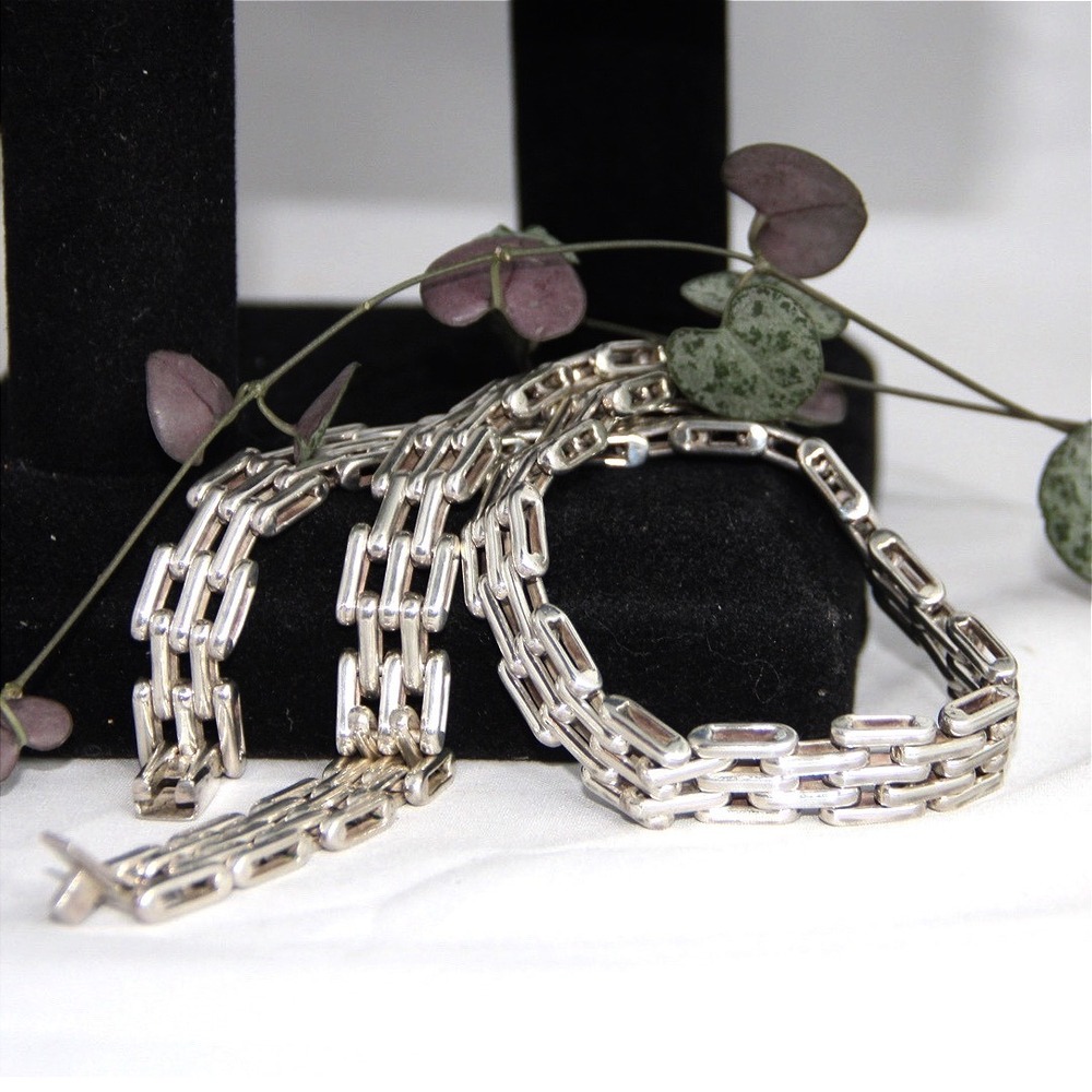 VTG HEAVY Taxco Sterling Silver 93g Brick Link Necklace 17.5in Mexico 925